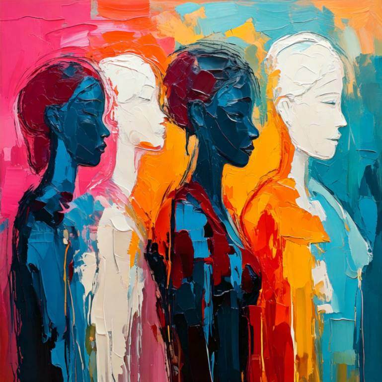 Brightly colored abstract image of people in profile