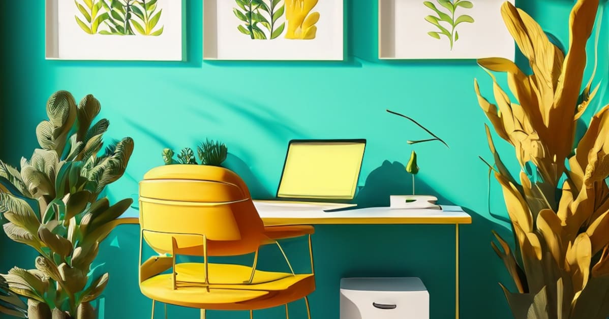 Brightly colored home office with a yellow chair, rich teal walls, laptop on desk with morning sun coming in the window.