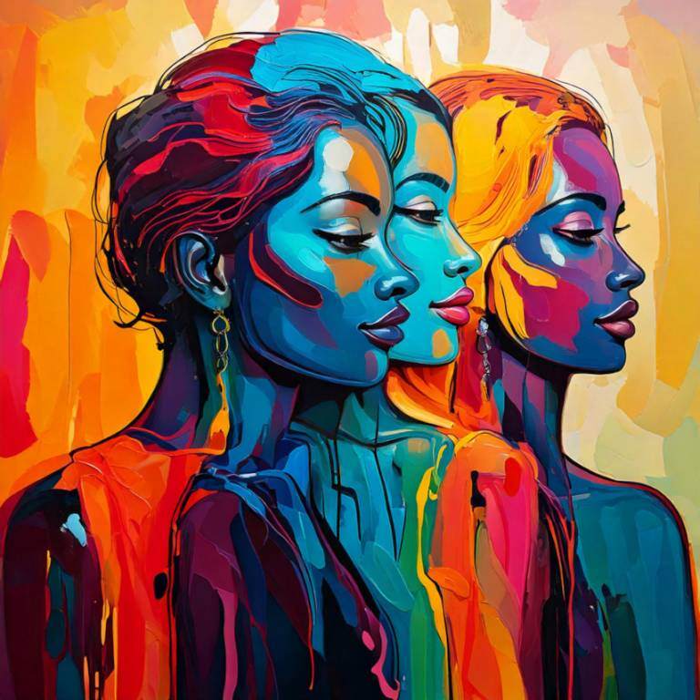 Vibrant colored painting of three women's faces in profile